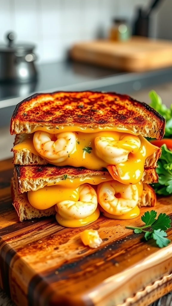 A delicious shrimp grilled cheese sandwich with melted cheese and cooked shrimp, presented on a wooden board with a fresh salad.